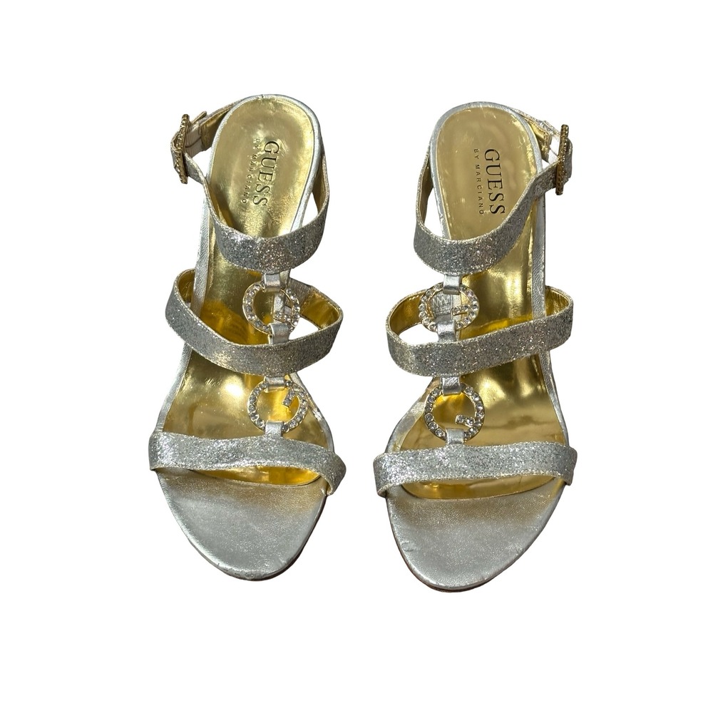 Guess by Marciano Silver Glitter Rhinestone G‎ Logo Stiletto Sandals Size 9M Y2K